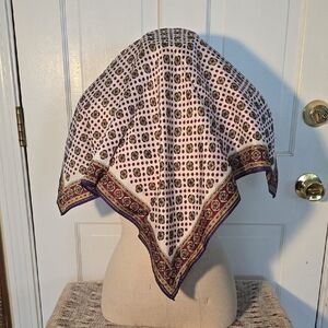 Vintage Hand Printed Scarf Acetate Twill Japan 23 x 23 inch Navy & Red Geometric